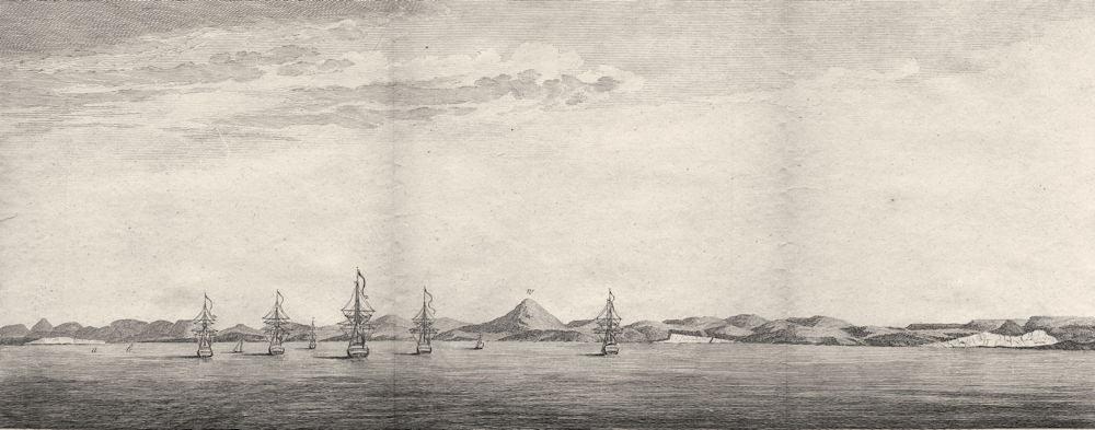 ARGENTINA. View of The Bay of St. Julian. Ships (Anson) 1750 old antique print